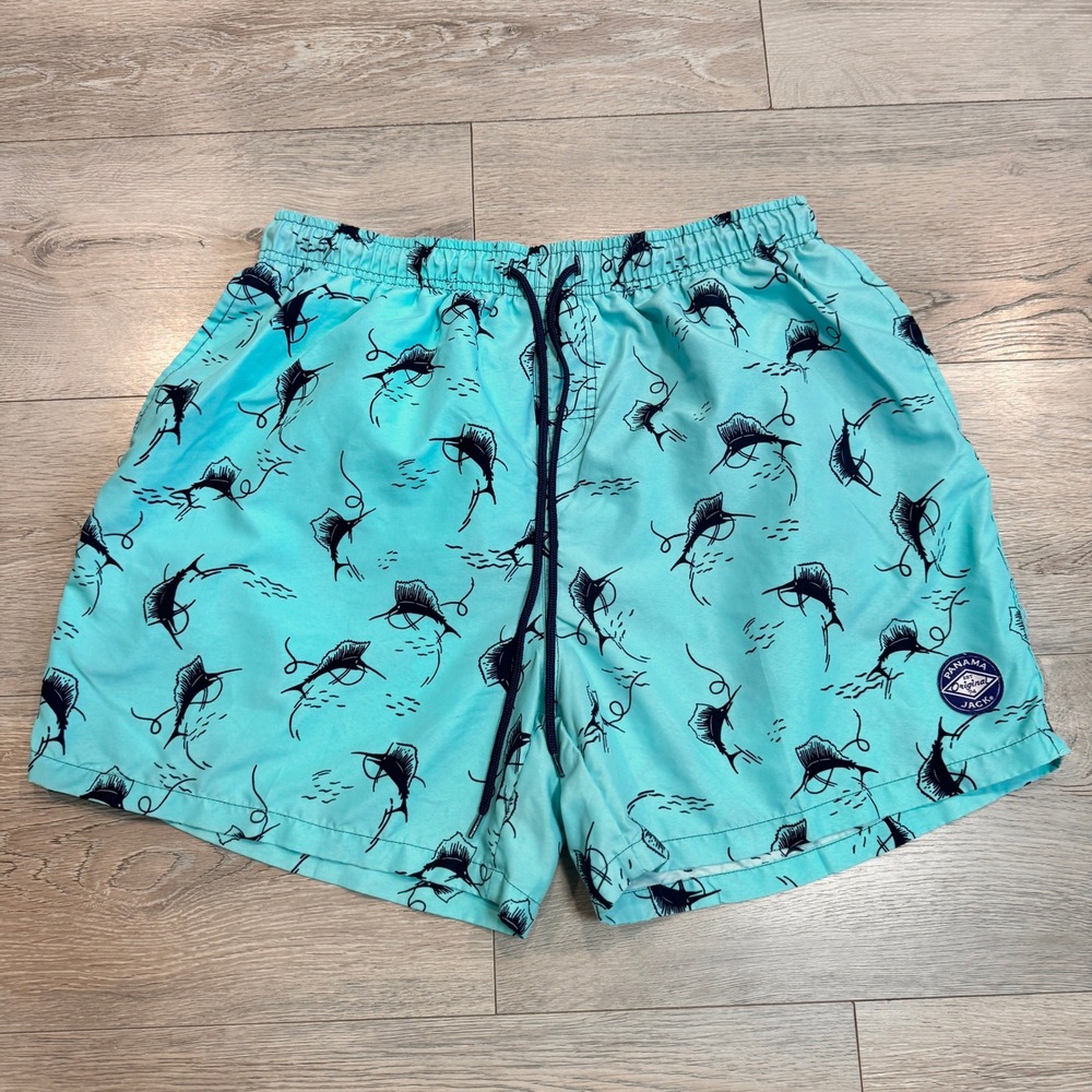Panama Jack Swim Trunks Fish Print Aqua Blue Swim Shorts Lined Xlarge XL‎